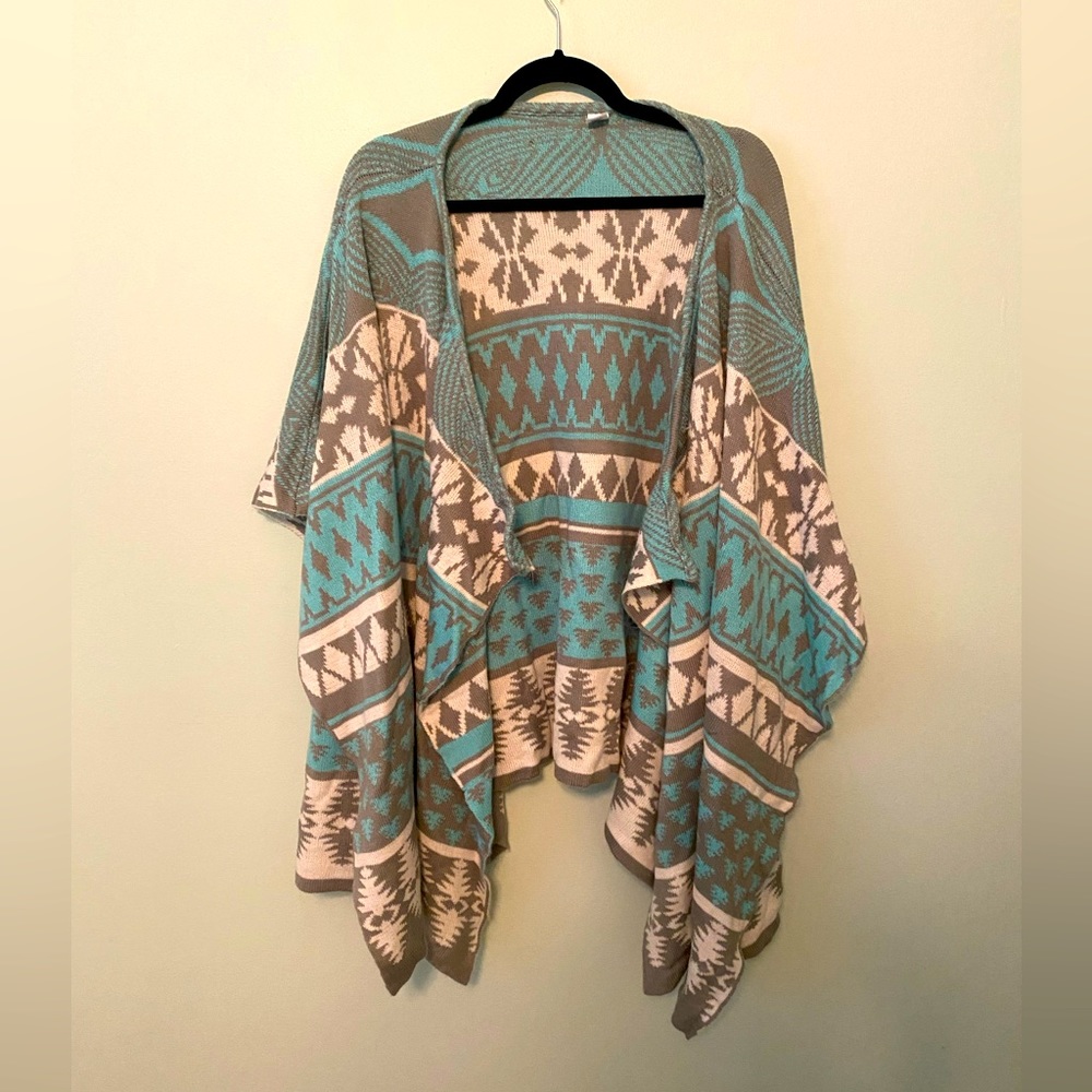 Blue, grey, and white Aztec open shawl